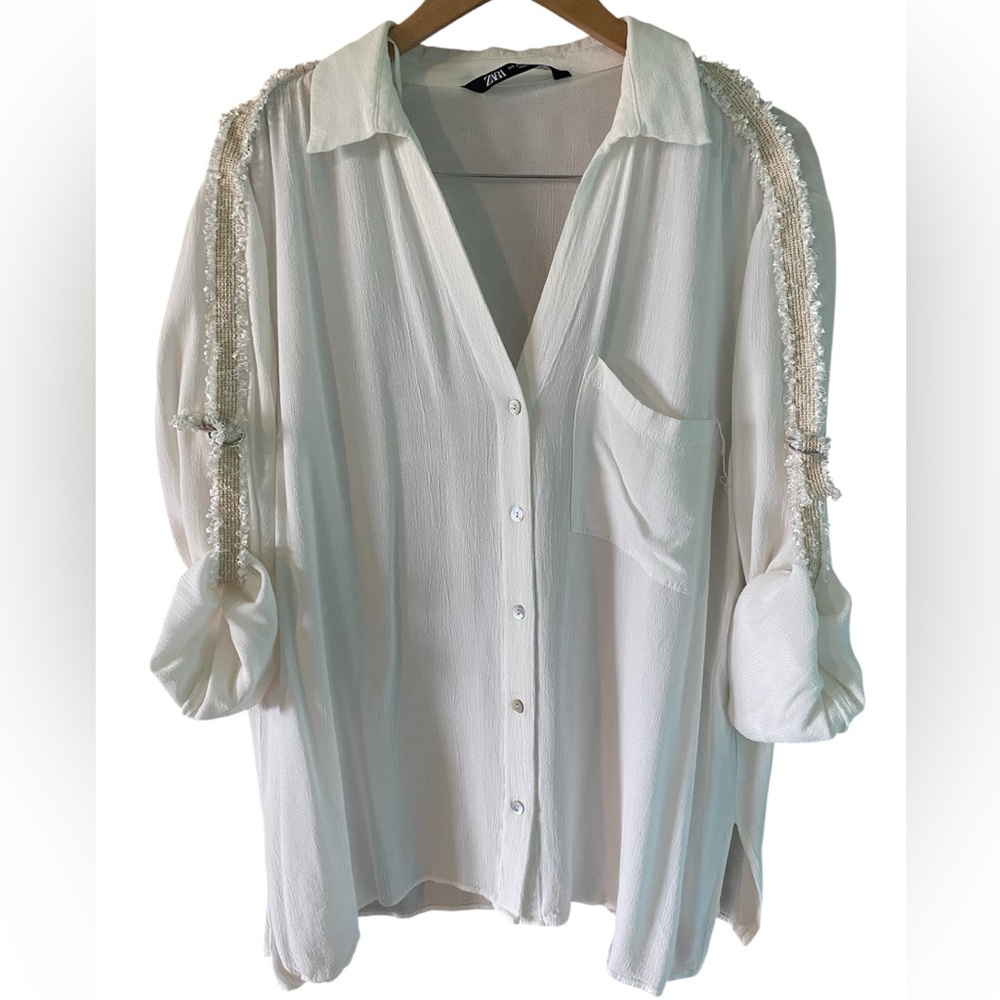 Zara Blouse Shirt Roll Tab Sleeve Button Up Women Size Large White